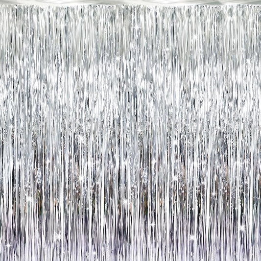 GOER 3.2 ft x 8.2 ft Metallic Tinsel Foil Fringe Curtains Party Photo Backdrop Party Streamers for Birthday,Graduation,New Year Eve Decorations Wedding Decor (Silver,1 Pack)