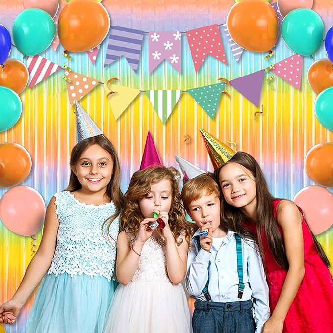 3 Pack Light Rainbow Foil Fringe Curtains Backdrop, 3.28 x 6.6 Ft Metallic Streamers Tinsel Curtains Background for Photo Booth, Birthday, Halloween, Christmas, New Year Party Decorations