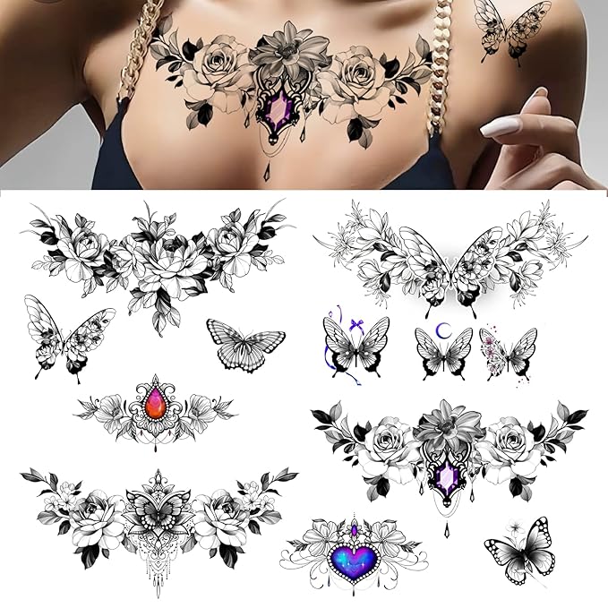 ROARHOWL Women Sexy Temporary Tattoo Sexy Tattoo Set Beautiful Exquisite 3D Realistic Flowers, Butterfly, Abdominate, Chest, Waist and Back Applied Fake Tattoo for Girls ((Design 2))