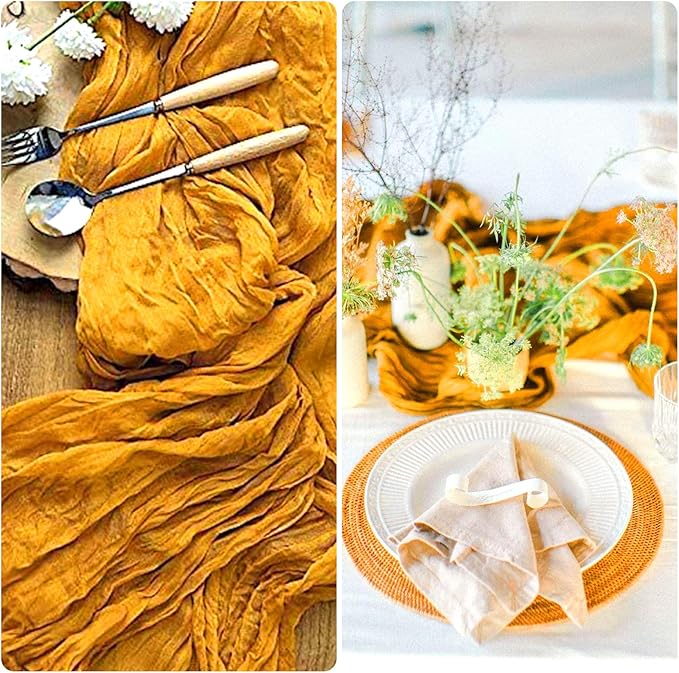 6 Pack Gold Cheesecloth Table Runner 10FT Boho Gauze Fabric Table Runner 35 x 120 Inch Rustic Sheer Runner for Fall Centerpiece Wedding Birthday Baby Shower Party Boho Table Decoration