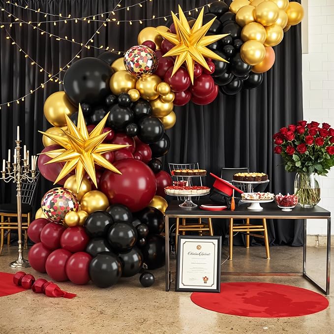 Burgundy Balloon Arch Kit, Black Red Gold Balloon Garland with Star Foil Balloons for Graduation Grad Celebrations Anniversary Wedding Decorations