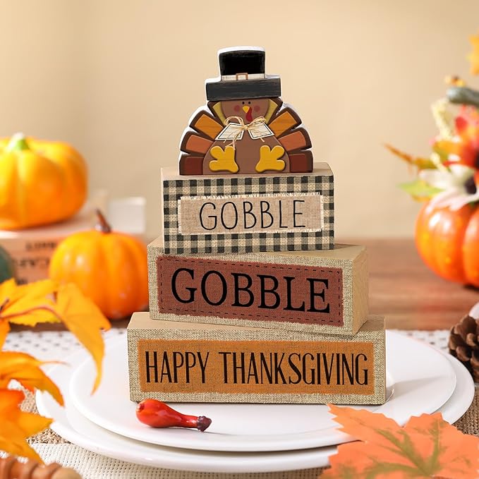 4 Pcs Thanksgiving Table Decorations Wooden Turkey Decor Thanksgiving Tiered Tray Decor Fall Centerpiece Rustic Wood Turkey Block Sign for Gobble Harvest Party Home Kitchen Decorations