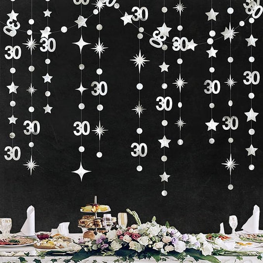 Silver 30th Birthday Decorations Number 30 Circle Dot Twinkle Star Garland Metallic Streamer Banner Backdrop for Mens Womens Happy Dirty Thirty Cheers to 30 Years Old 30th Anniversary Party Supplies