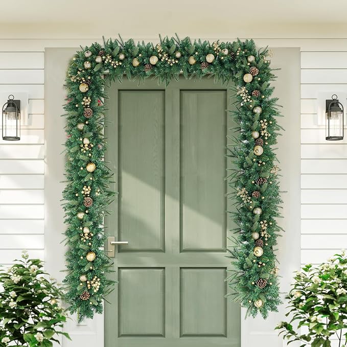 Christmas Garland 9FT Pre-Lit Artificial with 50 White Light, Pulg in, Green Decorated with Pine Cones, Glitter Powder Gold Ball, Fireplace Stairs Mantle Door Indoor Outdoor