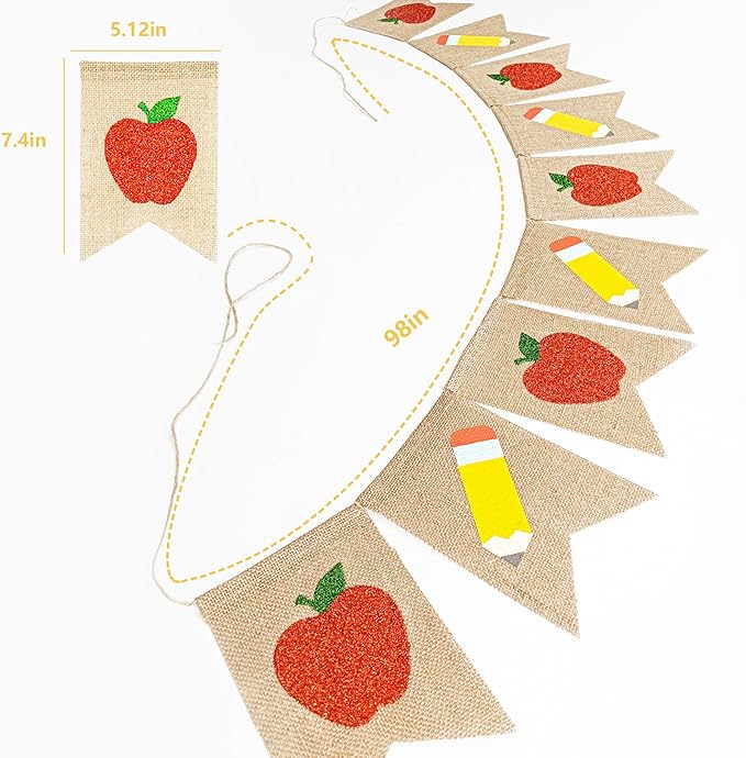 Glitter Apple Pencil Burlap Banner,Welcome Back to School Decorations,First Day of School Banner Garland for Classroom Teachers Office Backdrop Party Supplies