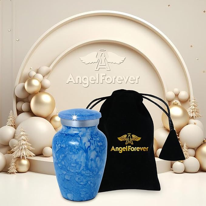 Small Keepsake Urn for Human or Pet Ashes – Handcrafted Aero Blue Marble Mini Urn with Velvet Bag & Gift Box | Durable Metal Memorial Token Jar for Baby, Infant, Pet or Loved One – 3 Cu in