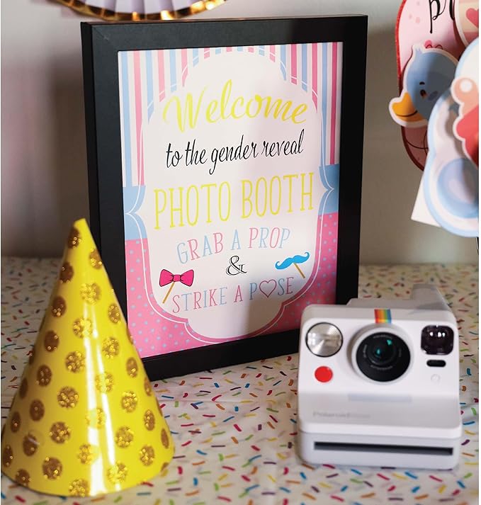 Gender Reveal Photo Booth Props - 41-pc Photobooth Kit with 8 x 10-Inch Sign, 60 Adhesive Pads, 45 Sticks - Baby Gender Reveal Party Supplies for Backdrop