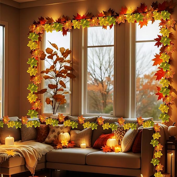 Fall Garland with Lights,13.5ft 35 LED Fall Decor String Lights with Orange Green Yellow Leaf Lights,Thanksgiving Decorations Garland for Home Porch Front Door Table Mantel Halloween Decor