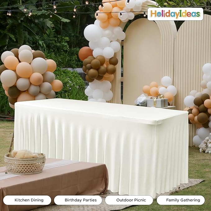 HolidayIdeas Spandex Table Skirts for Rectangle Tables 4 Ft, Fitted Stretch Table Cover 24x48 Inch, Wrinkle-Free Ruffle Design Tablecloths for Banquets,Trade Shows, Parties, Events, 4 Pack, Beige