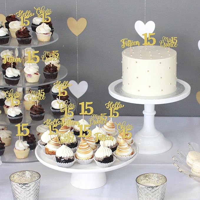 30PCS Happy 15th Birthday Cupcake Toppers Glitter Fifteen Mis Quince Hello 15 Cupcake Picks Cheers to 15 Birthday Decorations for 15th Birthday Anniversary Party Cake Decoration Supplies Gold