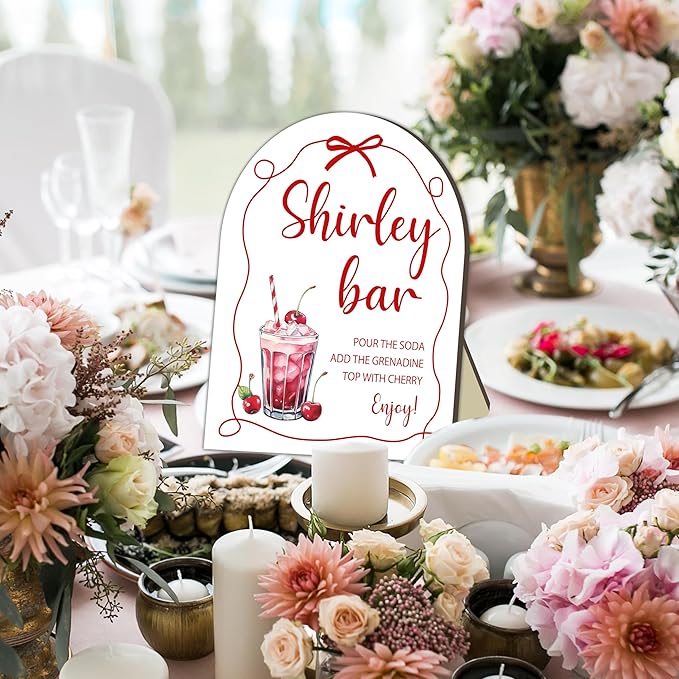 Bow Shirley Bar Sign, Baby Shower Welcome Sign, Baby Shower Table Decor Sign, Party Reception Signs, Red Bow Babies Party Decor Supplies, Wooden Sign with Stand, Wedding Parties Decor Favor 8x10 Inch