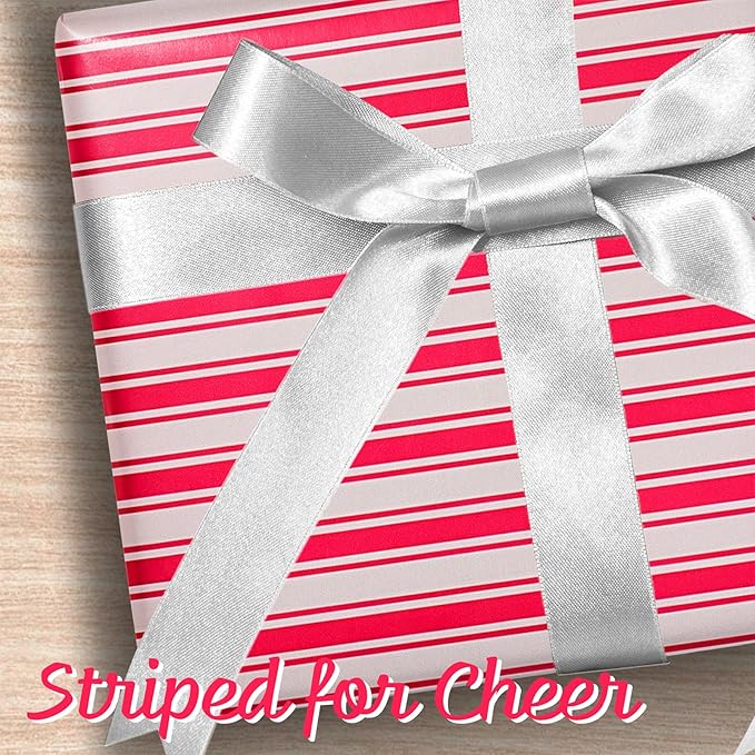 LaRibbons Christmas Wrapping Paper Roll, Classic Red & White Striped Gift Wrap for Christmas, Holiday, Winter Party, 17 Inch x 33 Feet
