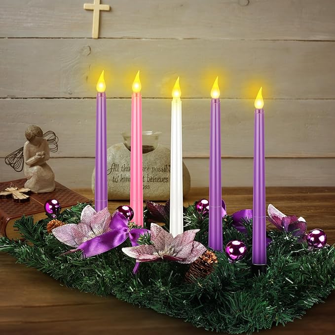 Tioncy 12 Inch Christmas Advent Wreath Candle Holder with 5 Flameless Candles Remote Control Wreaths Holder Centerpiece Decoration with Berries(Purple Poinsettia,11 x 0.8 x 0.8 in)