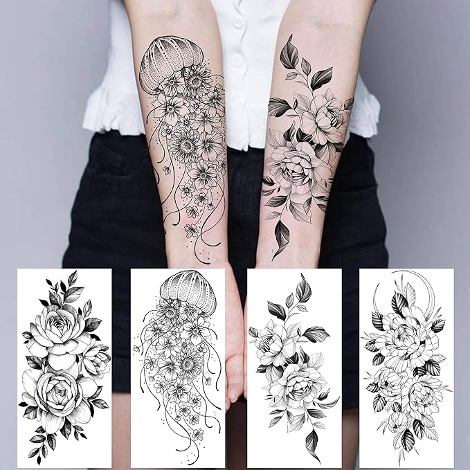 64 Sheets Long Lasting Flower Temporary Fake Tattoos For Women Arm Neck, Jellyfish Sunflower Moon Rose For Adults Girl, 3D Temp Realistic Snake Tatoo Stickers Serpent Peony Floral Kids