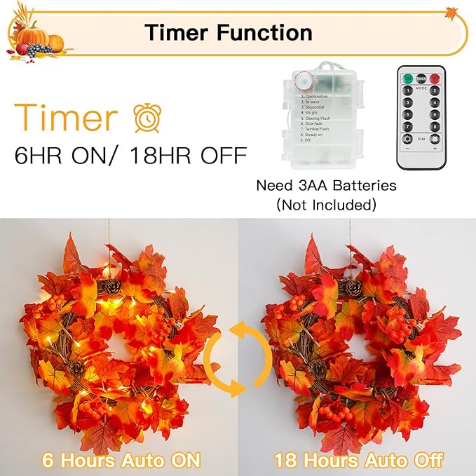 suddus Fall Garland with Lights Battery Operated, 20 LED Lighted Orange Fall Leaf Garland, Thanksgiving Fairy String Lights with Remote for Table, Mantle, Office, Porch, Halloween, Home Decoration