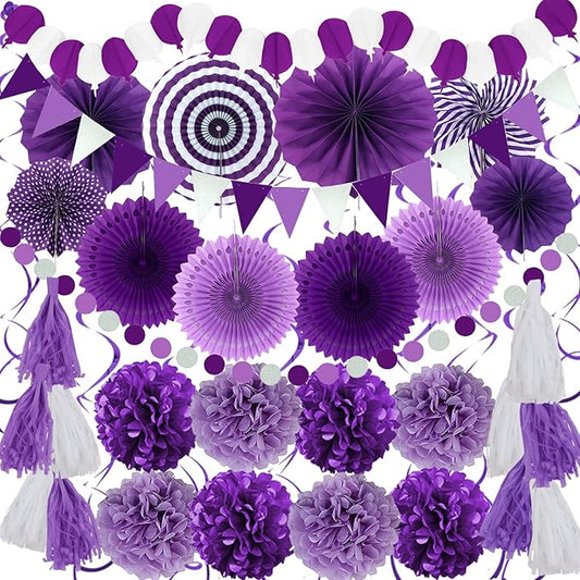 ZERODECO Party Decorations, 41 Pcs Purple Papar Fans Pompoms Garlands String Tissue Paper Tassel for Fiesta Home Bridal Baby Shower Wedding Boy Girl Birthday Party