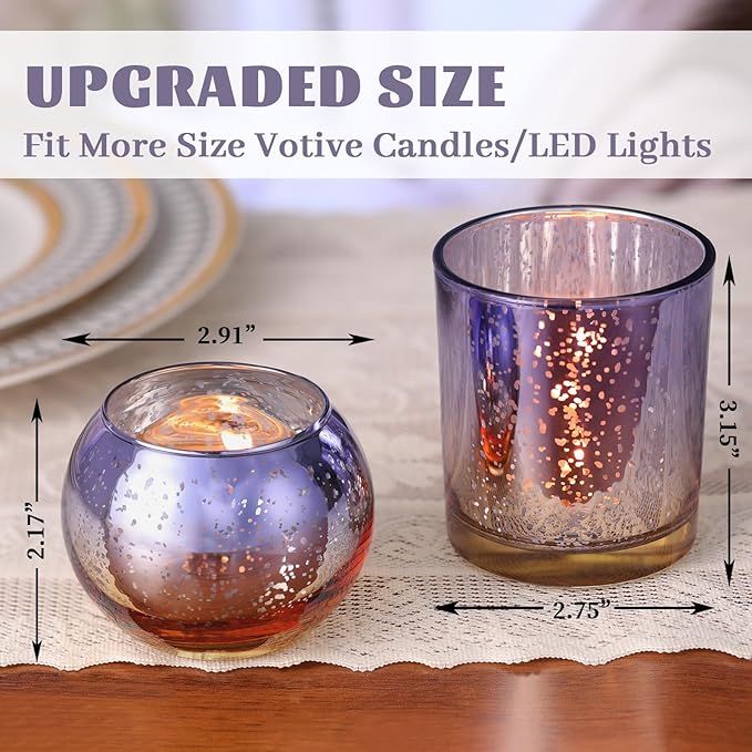 Volens 30pcs Assorted Purple Votive Candle Holders Bulk, Large Mercury Glass Votive for Wedding Table Centerpieces, Purple and Gold Themed Party Decorations and Home Decor
