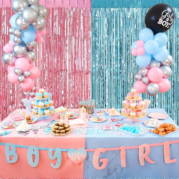 4 Pack 3.2Ft x 9.8Ft Pink Blue Foil Fringe Curtain Backdrop, Metallic Tinsel Foil Fringe Streamers Curtains for Photo Booth, Wedding, Gender Reveal Backdrop Boy or Girl Birthday Party Decoration