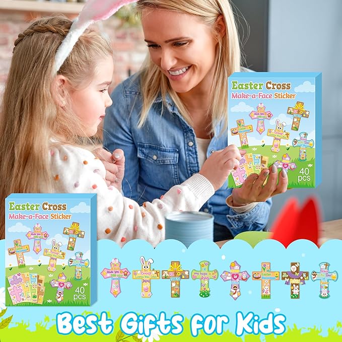 CY2SIDE Easter Cross Face Sticker - 40PCS Make Your Own Jesus He is Risen Cross Sticker Craft Game for Kids Classroom Reward DIY Easter Party Favors for Kids Christian Sunday School Activities