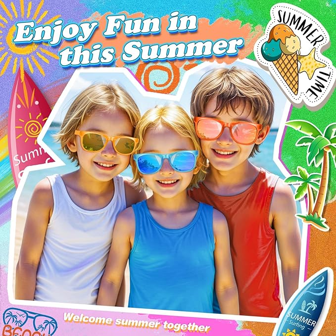 12 Pack Kids Sunglasses Hawaiian Party Favors with UV400 Protection, 12 Colors Neon Sunglasses in Bulk for Boys Girls Birthday, Beach, Summer Pool Party Supplies, Goody Bag Stuffers, Classroom Gift