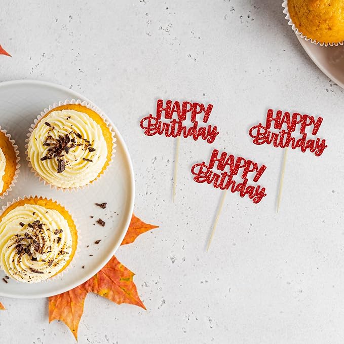 Gyufise 24pcs Happy Birthday Cupcake Toppers - Glitter Cupcake Food Picks for Celebrating Theme Party Cake Decorations - Red