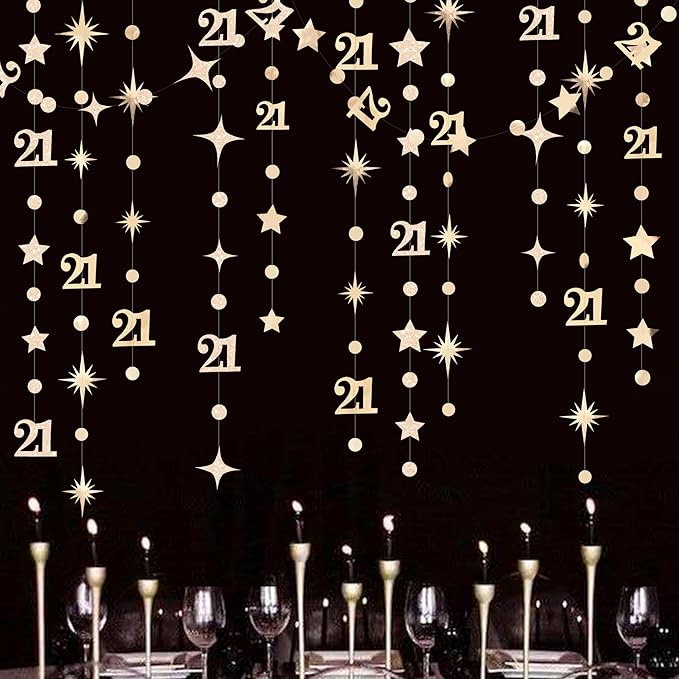 Champagne Gold 21st Birthday Decorations Number 21 Circle Dot Star Garland Metallic Streamer Banner Backdrop for Girls Boys Cheers to 21 Years Finally Legal Bday Happy 21st Anniversary Party Supplies