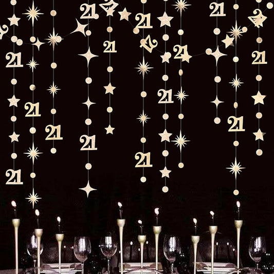 Champagne Gold 21st Birthday Decorations Number 21 Circle Dot Star Garland Metallic Streamer Banner Backdrop for Girls Boys Cheers to 21 Years Finally Legal Bday Happy 21st Anniversary Party Supplies