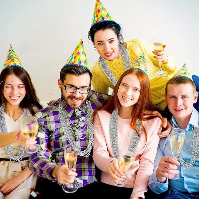 12PCS Bead Necklace, Silver Christmas Bead Necklace Party Favors Bulk, 33" Xmas Necklaces Costumes, Festival Events Parade Throw Accessory Sets for Xmas Mardi Gras Wedding Birthday Celebrations Decor