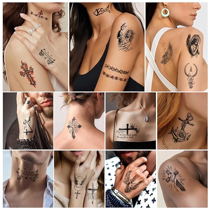 77 Sheets Christian Cross Temporary Tattoo for Women Men, 17 Sheets Half Arm Large Religious Jesus God Fake Tattoos, 60 Sheets Angels Black Christ Tiny for Adult Kids Body Tattoos Stickers Realistic