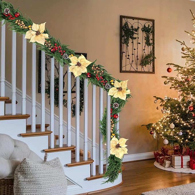 6FT Christmas Norfolk Pine Garland for Mantle, 1PCS Artificial Real Touch Garland with Flowers Berries Pinecones Balls, Green Winter Realistic Norfolk Pine Garlands for Table Winter Xmas Decorations