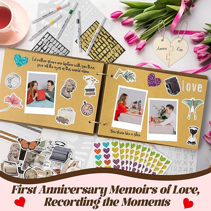 CY2SIDE One Year Anniversary Couple Gifts - 111PCS 1st Down Photo Wooden Album Scrapbook Craft Kit Included Wood Cover Heart Puzzle Brown Paper Sticker Marker Template for DIY Anniversary Dating Gifts