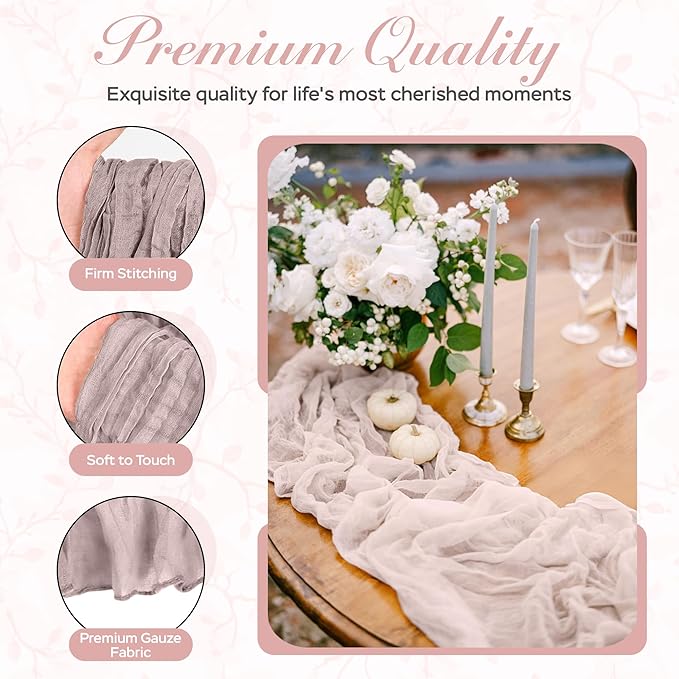 Cheesecloth Table Runner 6 Pack – 35x120 Inch (10ft) Boho Rustic Gauze Cloth Runners – Crinkle Polyester Table Decor for Wedding, Baby Shower, Bridal Shower, Birthday Party and More (Dusty Pink)