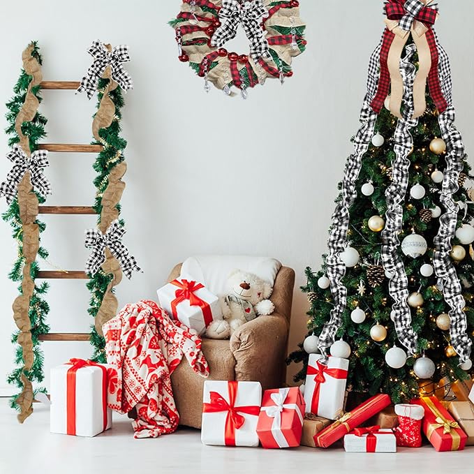 Jishi Christmas Tree Ribbon Garland Buffalo Plaid Christmas Decorations, 9 Ft X 6 Rolls Black & White Buffalo Check Fabric Xmas Tree Ribbon Garland, Vintage Country Rustic Farmhouse Holiday Home Decor