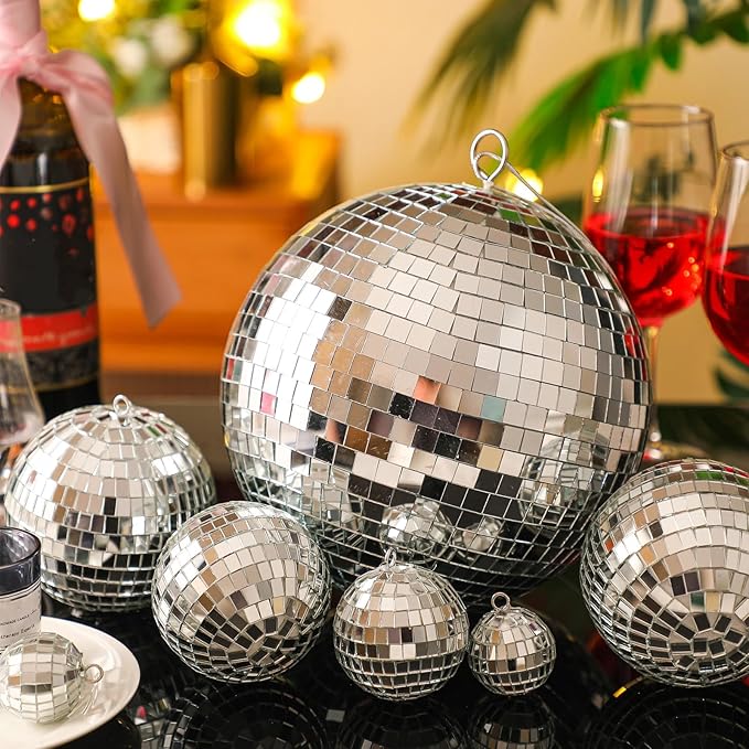 Hoolerry 65 Pcs Disco Balls Ornaments Reflective Hanging Disco Ball Decorations with Hook Assorted Silver Ball for Mardi Gras 70s Disco Themed Wedding Bachelorette Party(8/4/ 3.2/2.4/1.6/0.8 in)