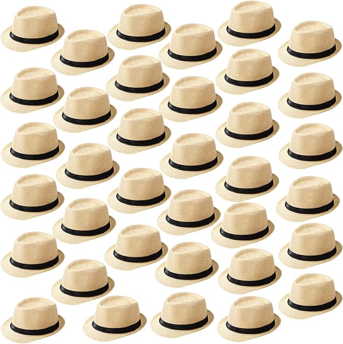 Suhine 36 Pcs Halloween Men Fedora Style Hat Bulk 20s Straw Short Brim Panama Women Party Costume, Circumference 60 cm