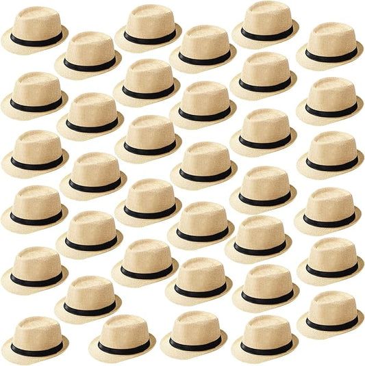 Suhine 36 Pcs Halloween Men Fedora Style Hat Bulk 20s Straw Short Brim Panama Women Party Costume, Circumference 60 cm