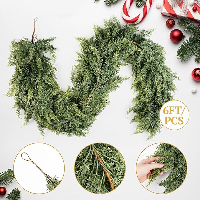 Upgraded 2X Thickened Lush Full Realistic Appearance 6FT Christmas Garland Non-Break Premium Quality Pine Garland for Mantle, Fireplace, Stairs, Indoor & Outdoor Christmas Decorations (1Pcs)