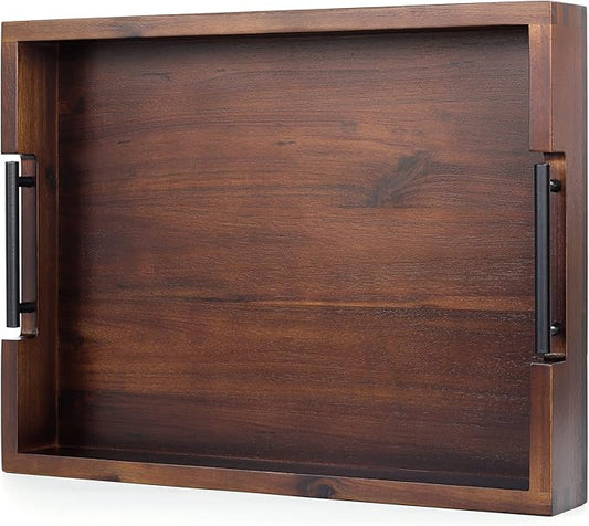 Ottoman Tray, Acacia Wood Serving Tray with Metal Handles, 16.5x12.5in Food Drinks Tray for Coffee Table, Breakfast, Dinner & Bar, Rustic Decorative Storage Tray for Ottoman, Kitchen, Packaging