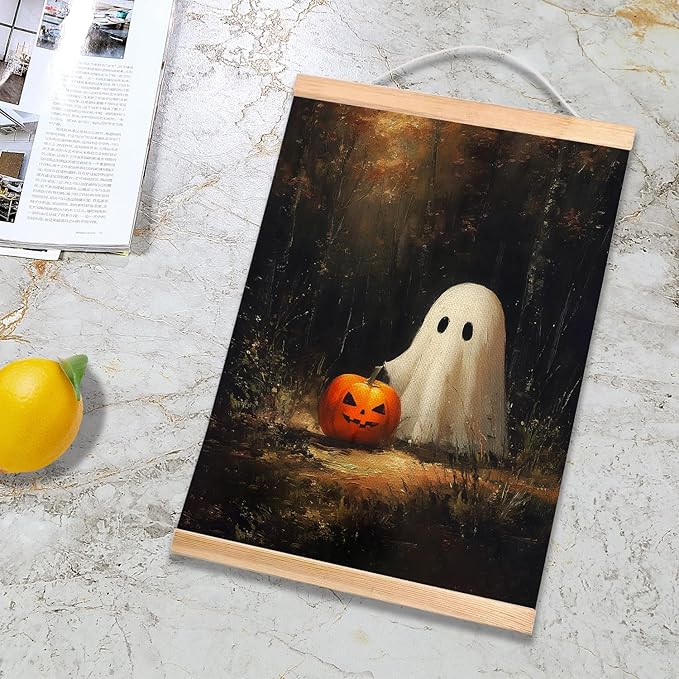 Rustic Halloween Ghost and Pumpkin Wall Art 18.5x14 Inch, Vintage Farmhouse Linen Canvas Wall Hanging Poster , Halloween Home Decor, Retro Gothic Haunted House Theme Wall Poster for Living Room Bedroom(BLK09)