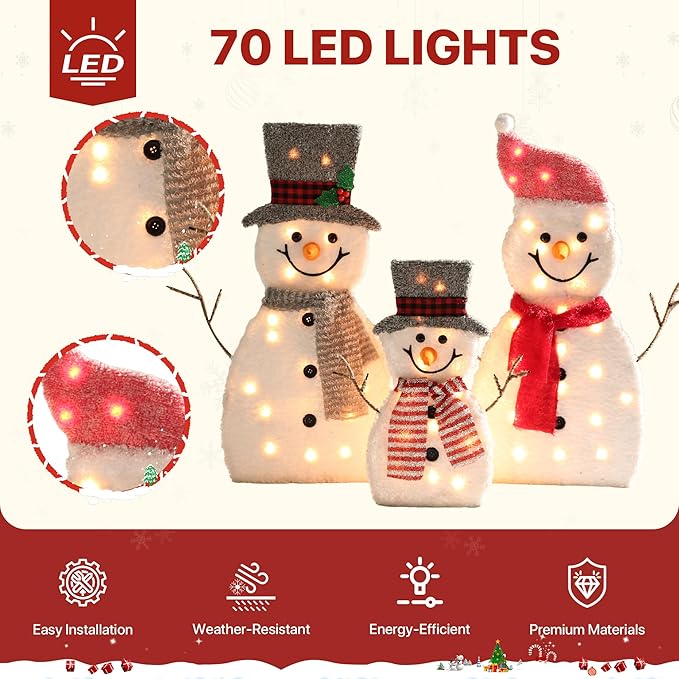 GENIMO 3-Piece 2D Outdoor Snowman Christmas Decorations Yard, 30 inch Pre Lit Snowman Family with 70 Led Lights Outside Indoor Holiday Lighted Christmas Decor for Lawn
