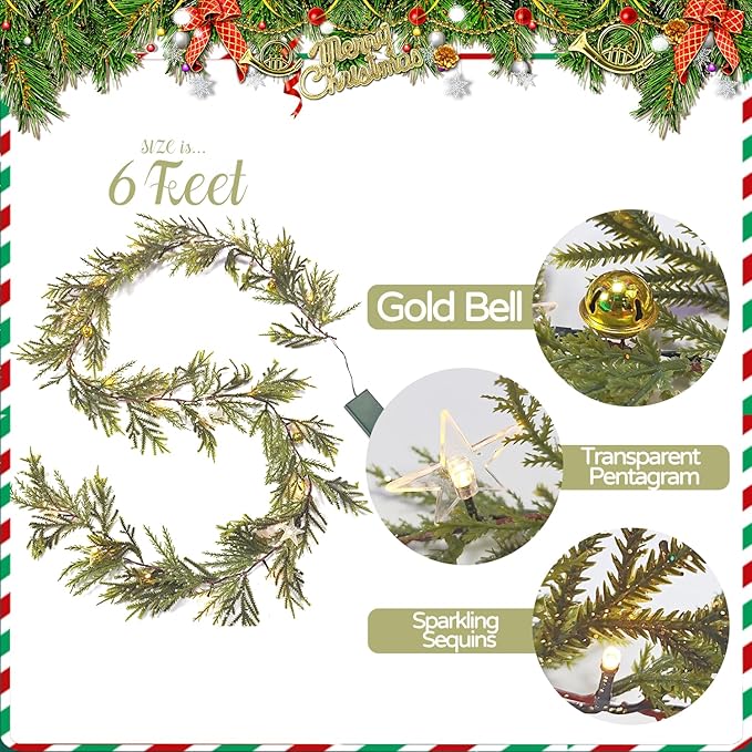6FT Artificial Christmas Garland, Faux Evergreen Garland with Golden Bell and Star, Pre-lit Battery Operated with Timer for Indoor Outdoor Party Holiday Decor