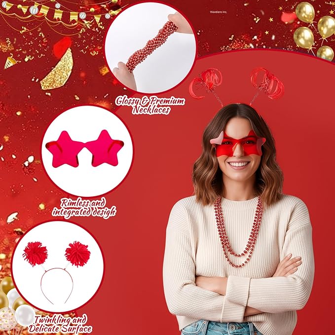 50 Pcs Red Holiday Team Spirit Party Accessories Pom Pom Party Headbands Star Shape Sunglasses Bead Necklaces Stuff Favors for Birthday Wedding Supplies(Classic)