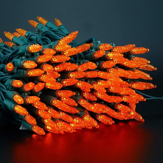 YULETIME Orange Faceted LED Christmas Lights 200 Count 50 ft, Pack of 2 Strands 25 ft 100 Lights UL Certified Halloween String Light Set (Orange)