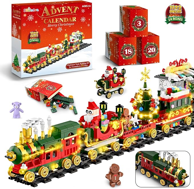 Shemira Advent Calendar 2025 Christmas Train Building Toy Set with Lights, 24 Days Christmas Countdown Calendar Building Blocks, Xmas Gifts Toys Decoration for Kids Teens Adults Boys Girls, 1122 PCS