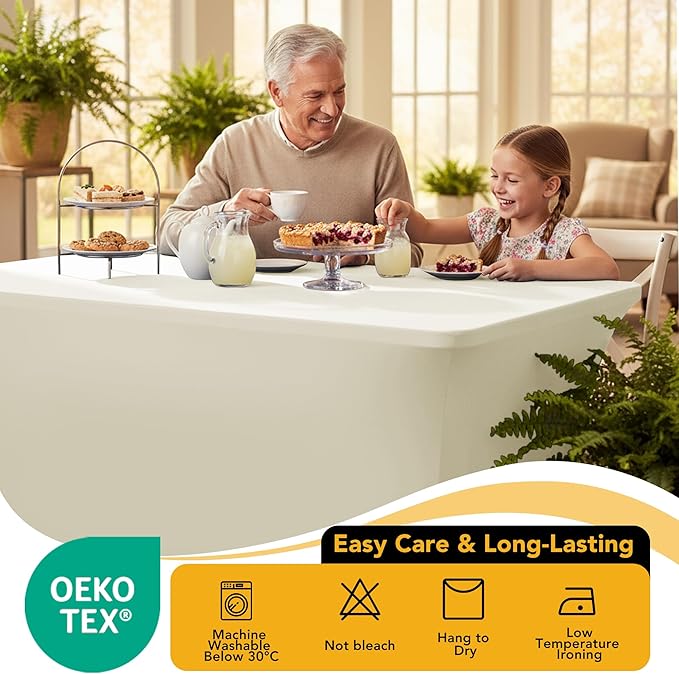 8-Pack Premium Cream Spandex Tablecloths for 6ft Rectangle Tables, Stain & Wrinkle-Resistant, Washable Stretch Polyester Fitted Table Cover for Weddings, Banquets, Trade Shows Events
