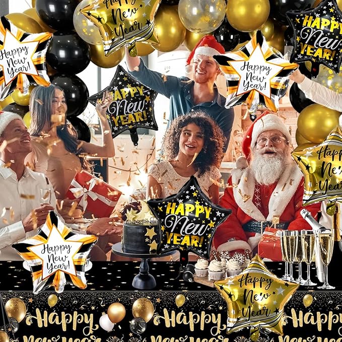 9pcs Happy New Year Balloons, Black and Gold Star Foil Balloon For 2026 New Years Eve Party Supplies