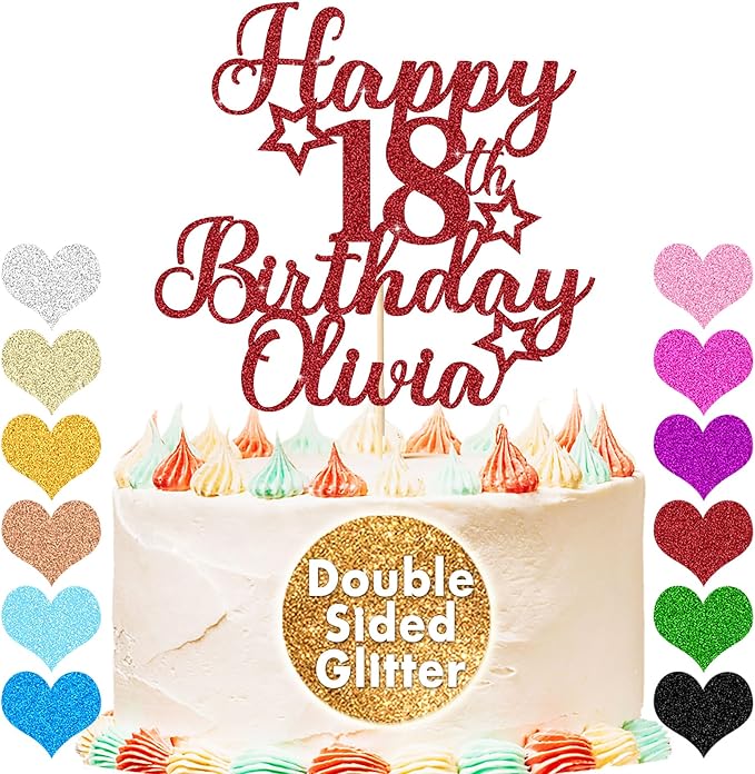 EDSG Happy Birthday Cake Topper Personalized Double Sided Glitter Custom Cake Topper (Red, 1 Count, 10.7 cm)