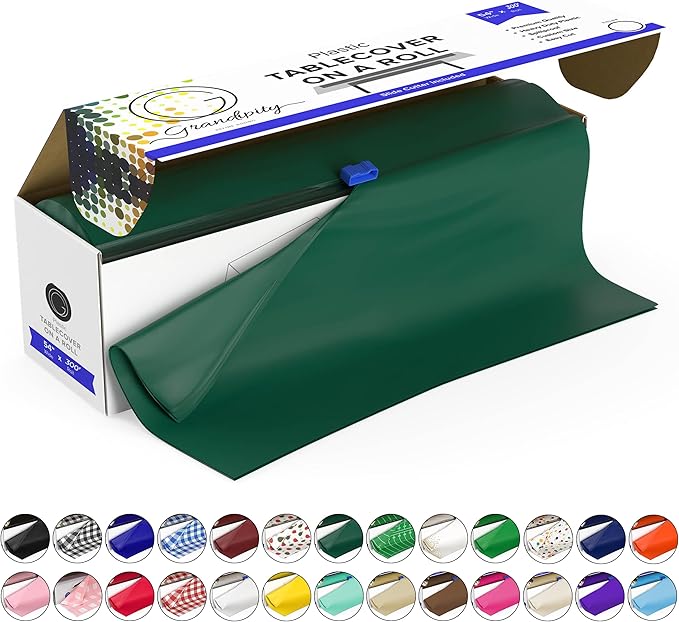 Grandipity Plastic Tablecloth Roll - 54in x 300 Ft. Dark Green Plastic Table Cloths for Parties Disposable with Cutter Box - Cut to Size Disposable Tablecloth Table Cover for Rectangle & Round