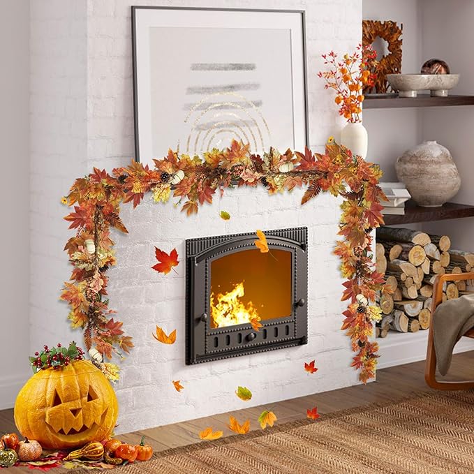 Artgar Fall Garland - 6 Ft Maple Leaf Pumpkin Berry Garland - Fall Decor Garlands with 30 Warming Lights for Thanksgiving Halloween Mantel Table Indoor Outdoor Decor