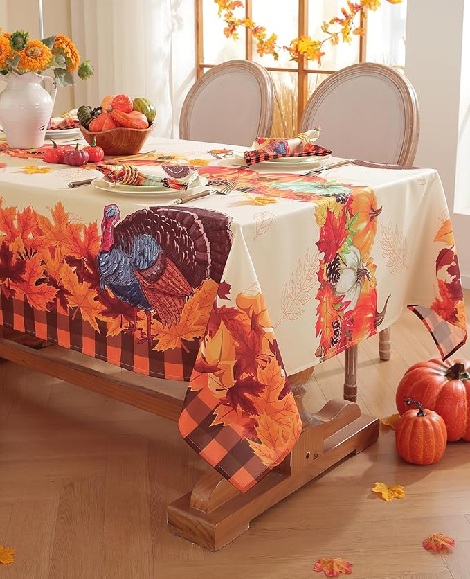Honellaty Thanksgiving Tablecloth 52x70 Inch Rectangle Table Cloth, Fall Pumpkin Turkey Table Cover for Dinner, Thanksgiving, Harvest, Holiday Decor
